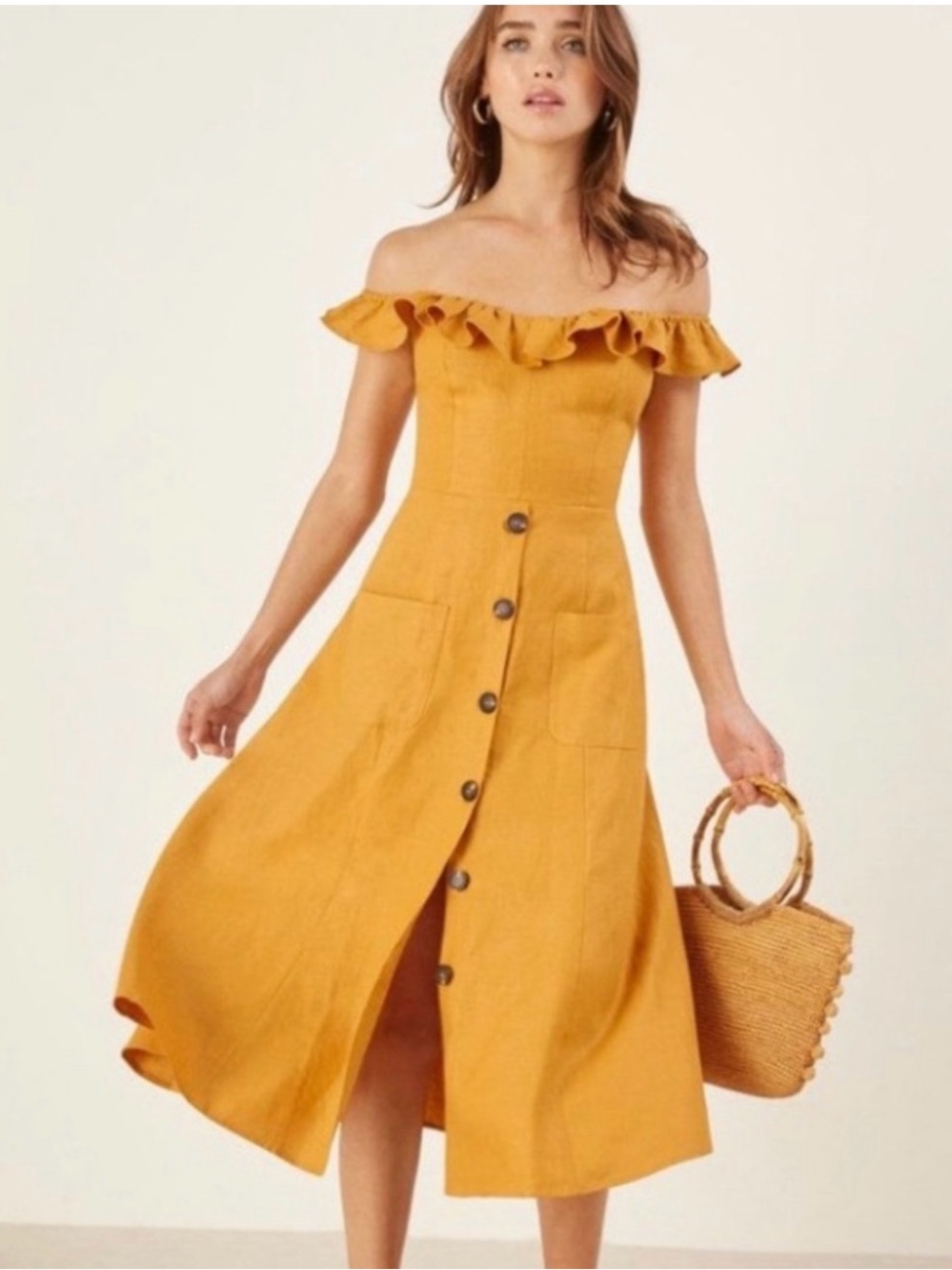 Reformation Mustard Hattie Linen Ruffle Off Shoulder Button  Midi Dress Sz 2